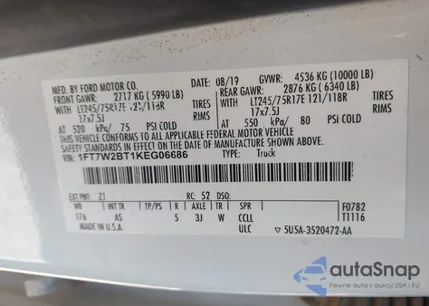 2019 Ford F-250 Xl z USA, uszkodzony, nr VIN 1FT7W2BT1KEG06686